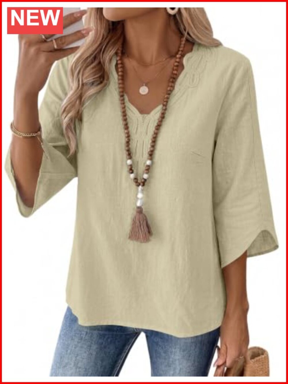 Linen Cotton 3/4 Sleeve V-Neck Lace Tunic Top Boho Loose Fit